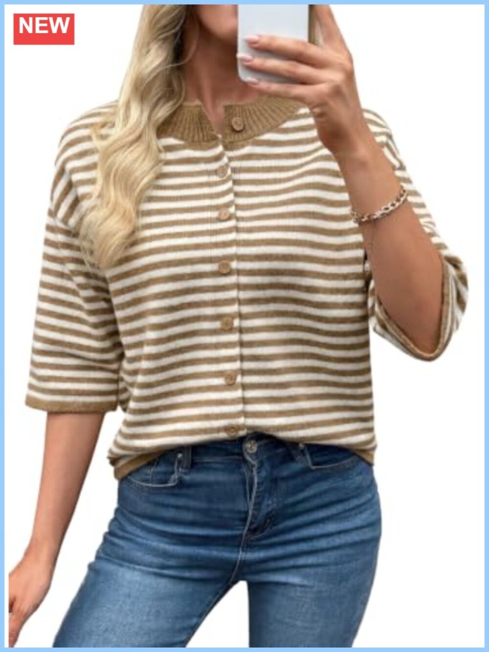 Womens Lightweight 3/4 Sleeve Button Front Knit Cardigan Sweater Loose